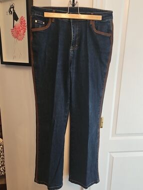 Tricotto Dark Blue Straight-Leg Jeans with Brown Trim